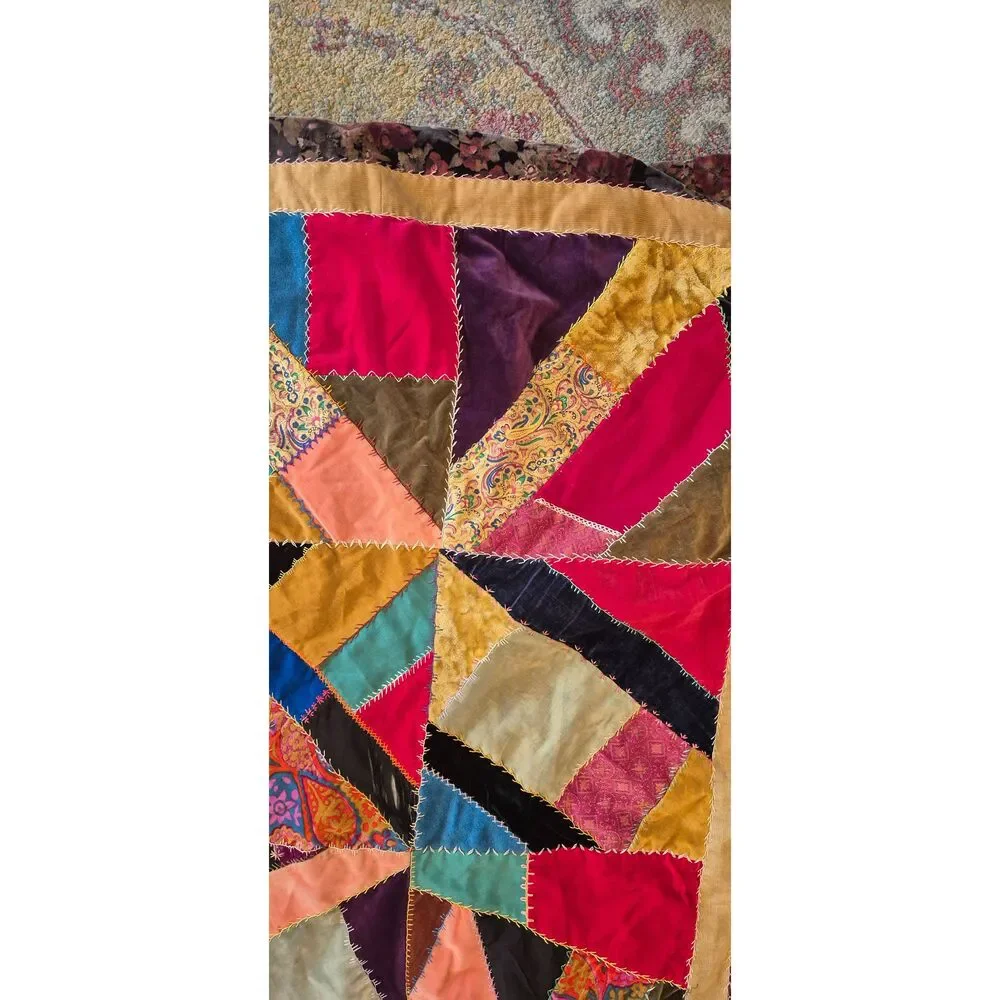 Vintage 1970s Handmade Velvet Crazy Quilt and Matching Pillow Set, Boho Eclectic